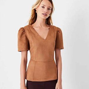 NWT Ann Taylor Faux Suede Brown Peplum Top Size Large
